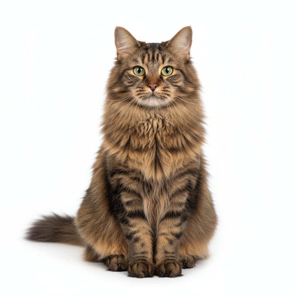 Deutsche Langhaarkatze sitzend, frontal fotografiert