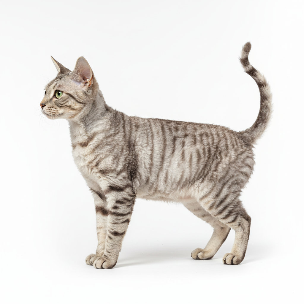 Devon Rex im Stand, seitliches Profil, lockiges Fell