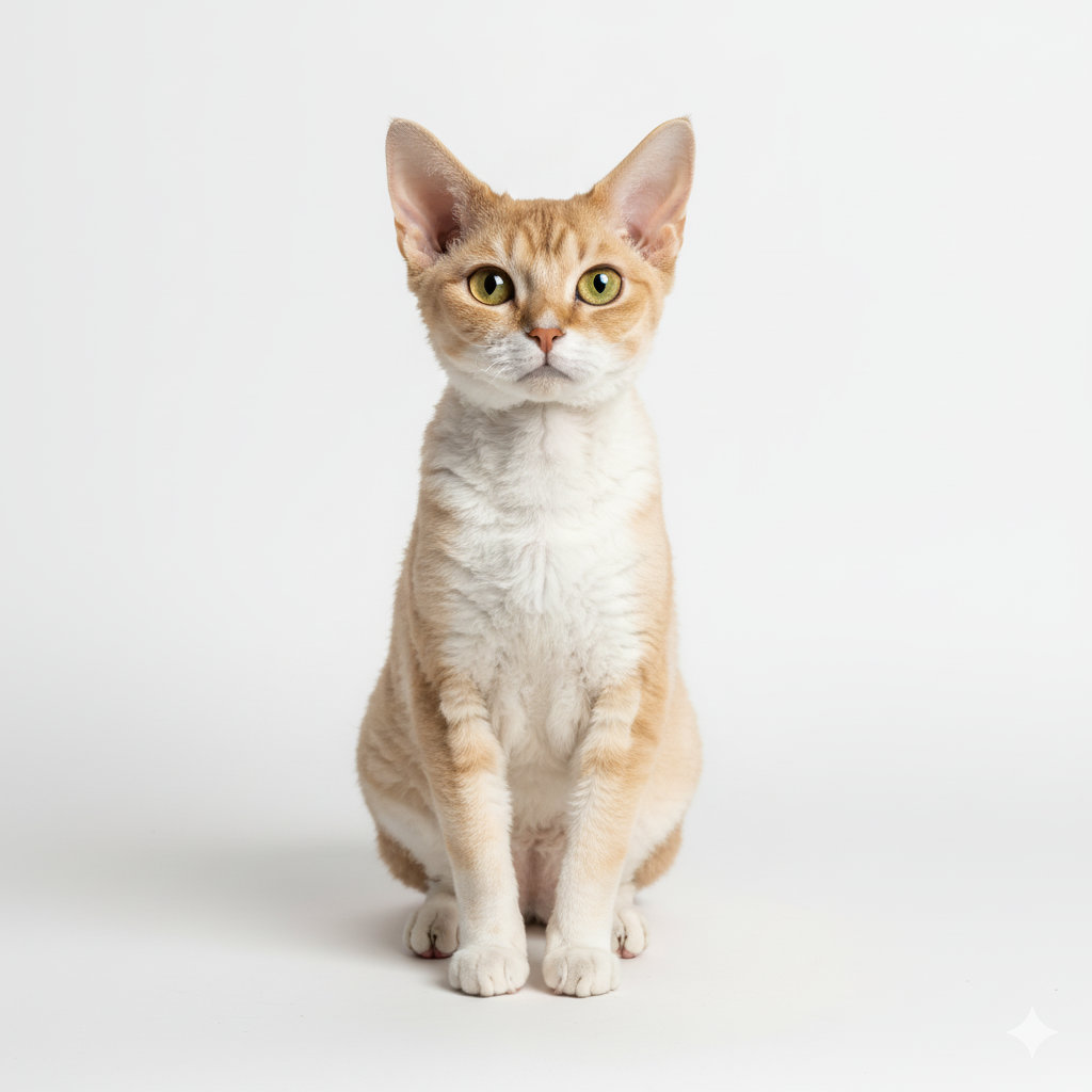 Devon Rex sitzend, frontal fotografiert